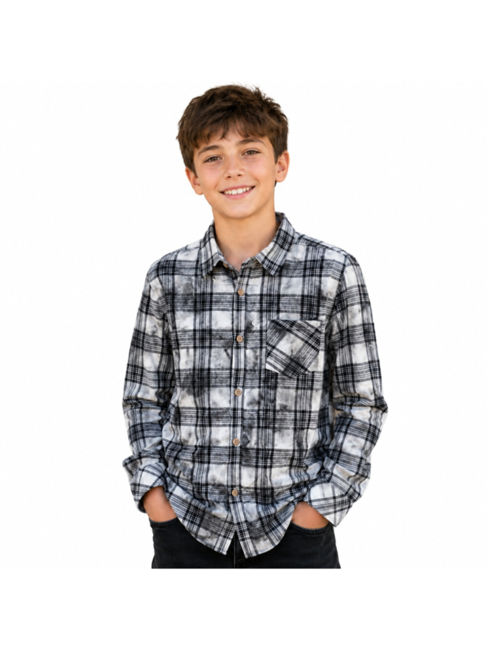 Boy’s Flannel Button Down Shirt – Vatpave – Black & White Plaid – Size 12 – NWT